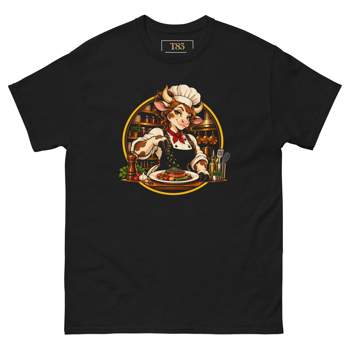 Holy Cow, Chef tee, black, front: illustration of a cow chef with curly auburn hair, toque and red neckerchief sprinkling herbs over a plated steak, framed by a gold circle with a kitchen behind