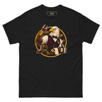 Eagle Eye for Wine tee, black, front: illustration of an eagle sommelier in a burgundy waistcoat and bow tie swirling a glass of red wine, with a decanter, grapes and a bottle, framed by a gold circle with a wine cellar behind