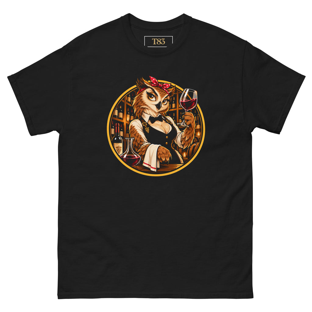 Night Owl Sommelier tee, black, front: illustration of an owl sommelier in a red polka-dot bandana, bow tie and black waistcoat raising a glass of red wine, with a decanter and bottle, framed by a gold circle with a candlelit wine cellar behind