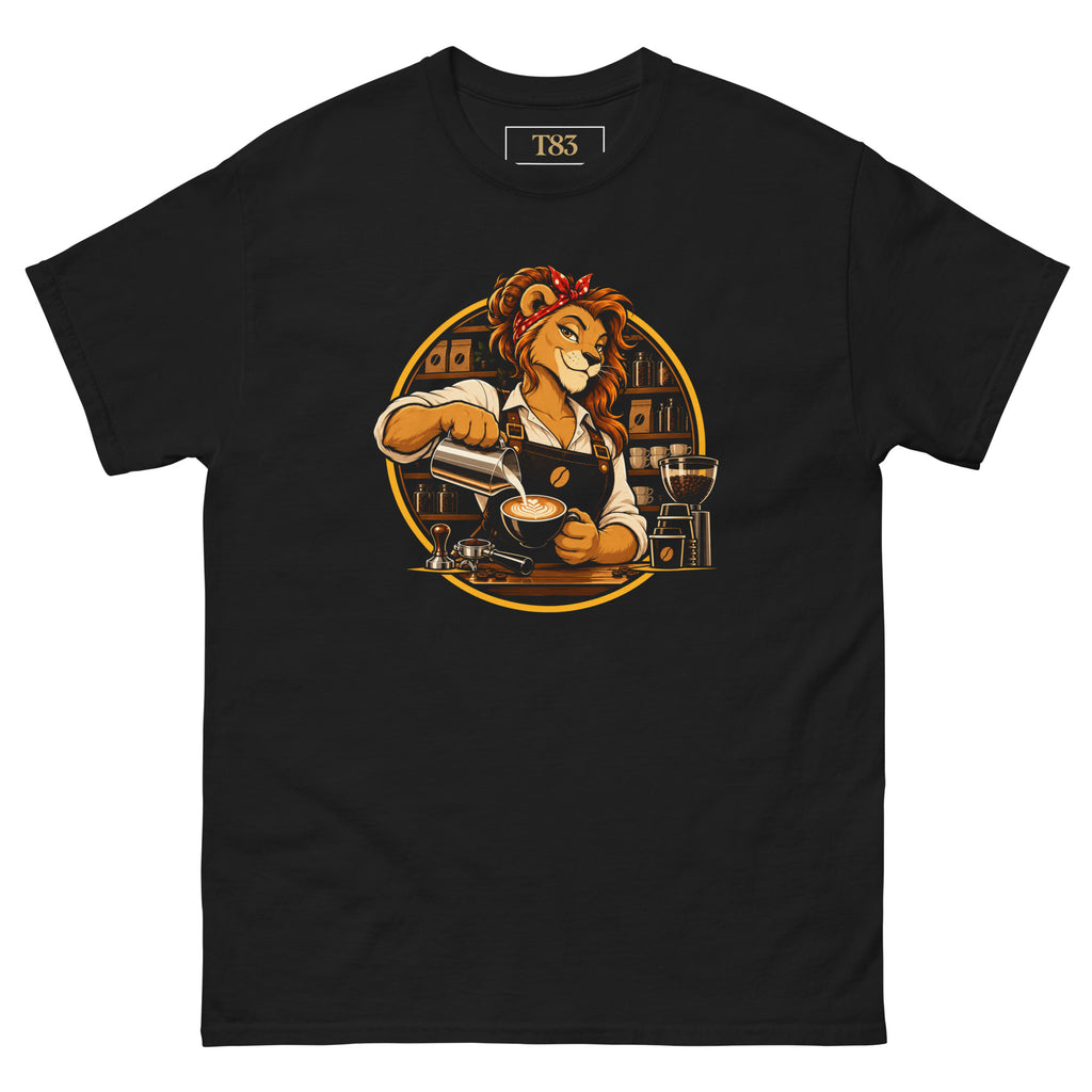 Queen of the Grind tee, black, front: illustration of a lioness barista in a red polka-dot bandana and brown apron pouring latte art into a cup, framed by a gold circle with shelves of coffee bags behind