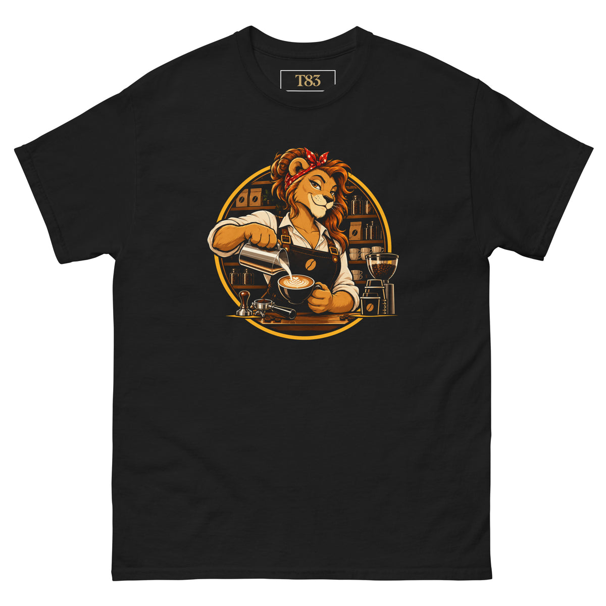 Queen of the Grind tee, black, front: illustration of a lioness barista in a red polka-dot bandana and brown apron pouring latte art into a cup, framed by a gold circle with shelves of coffee bags behind
