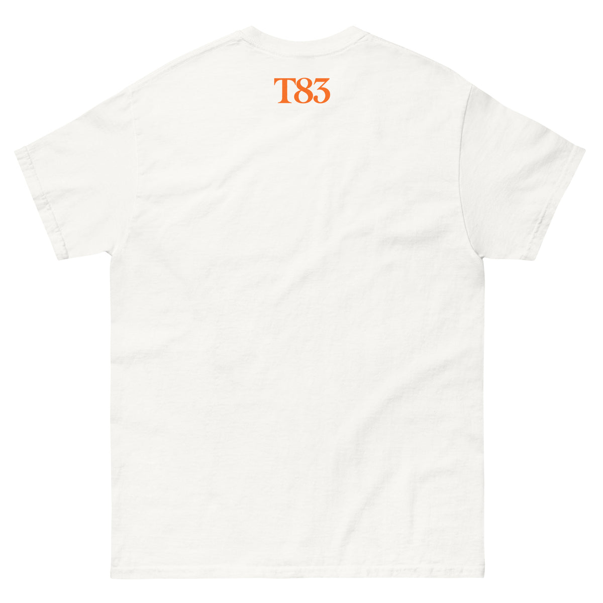 I'm the Only Bar10der t-shirt, White, back: orange T83 logo below the collar