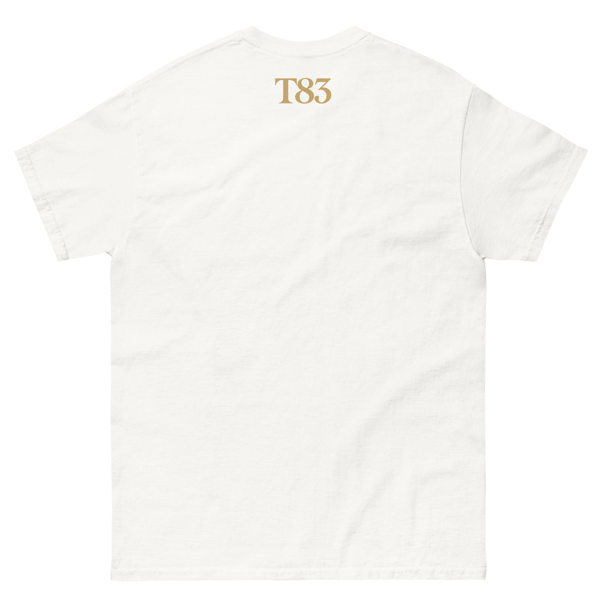 Fifty Shades of Whiskey tee, white, back: gold T83 logo below the collar