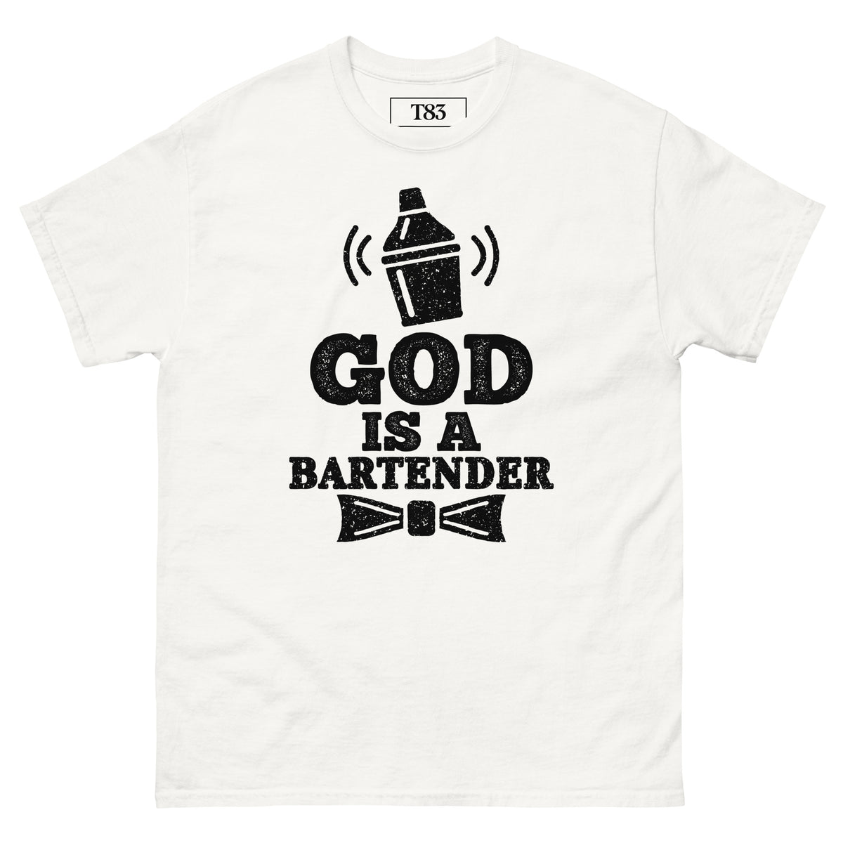 God is a Bartender tee, white, front: GOD IS A BARTENDER lettering with a cocktail shaker and bow tie