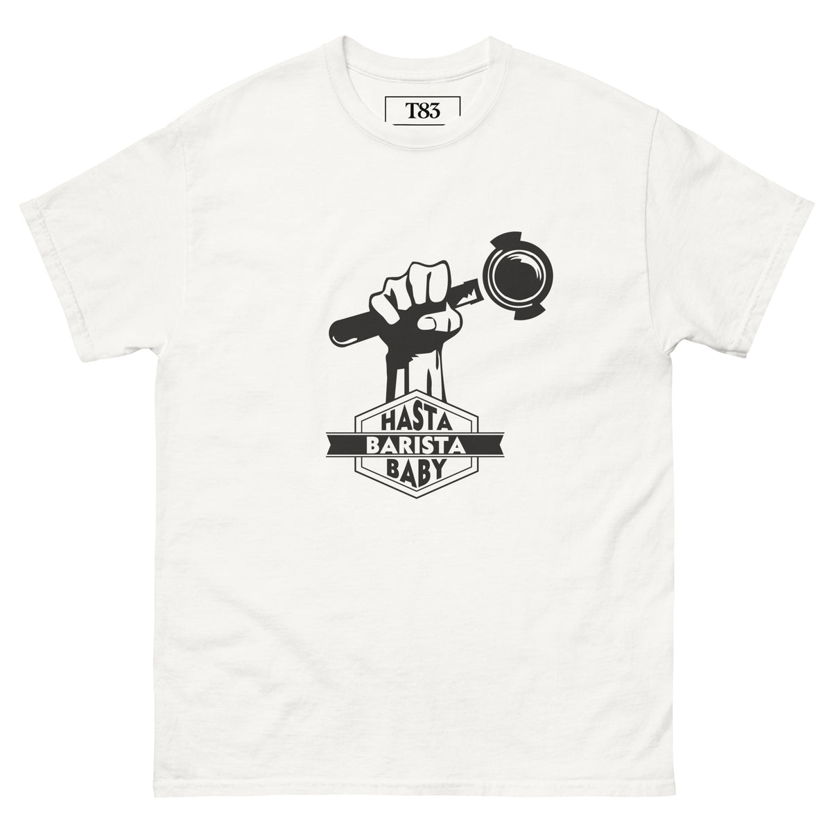 Hasta Barista, Baby tee, white, front: raised fist holding a portafilter with HASTA BARISTA BABY lettering