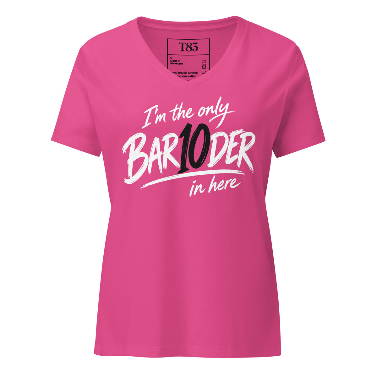 I'm the Only Bar10der women's V-neck t-shirt, Berry, front: white brush lettering with a black 10